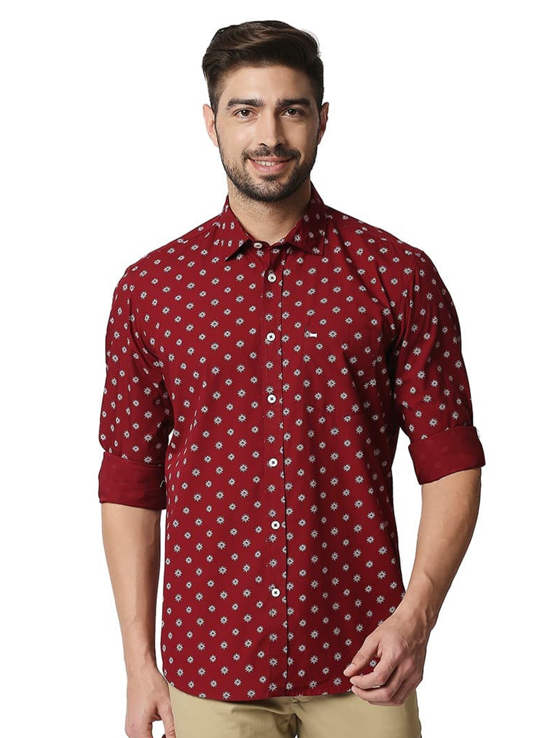 

Basics Slim Fit Cotton Printed Casual Shirt, Red