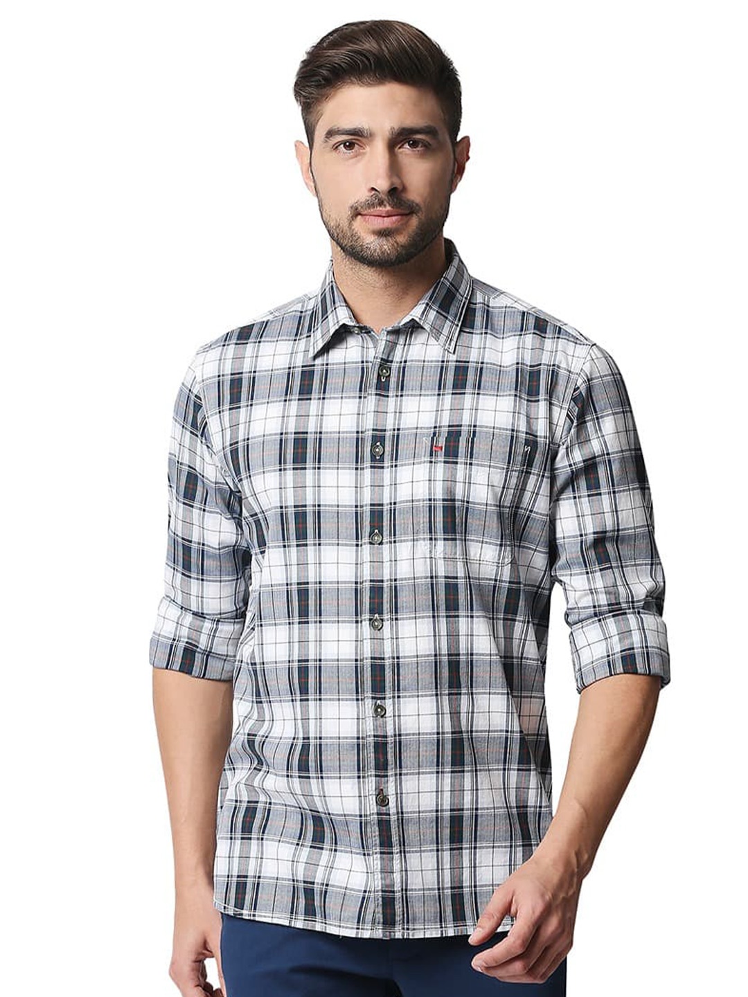 

Basics Slim Fit Gingham Checks Cotton Casual Shirt, Green
