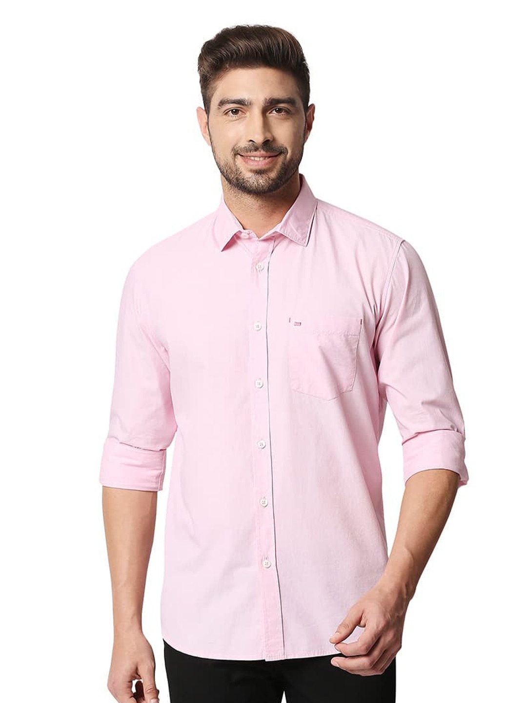 

Basics Spread Collar Slim Fit Opaque Cotton Casual Shirt, Pink