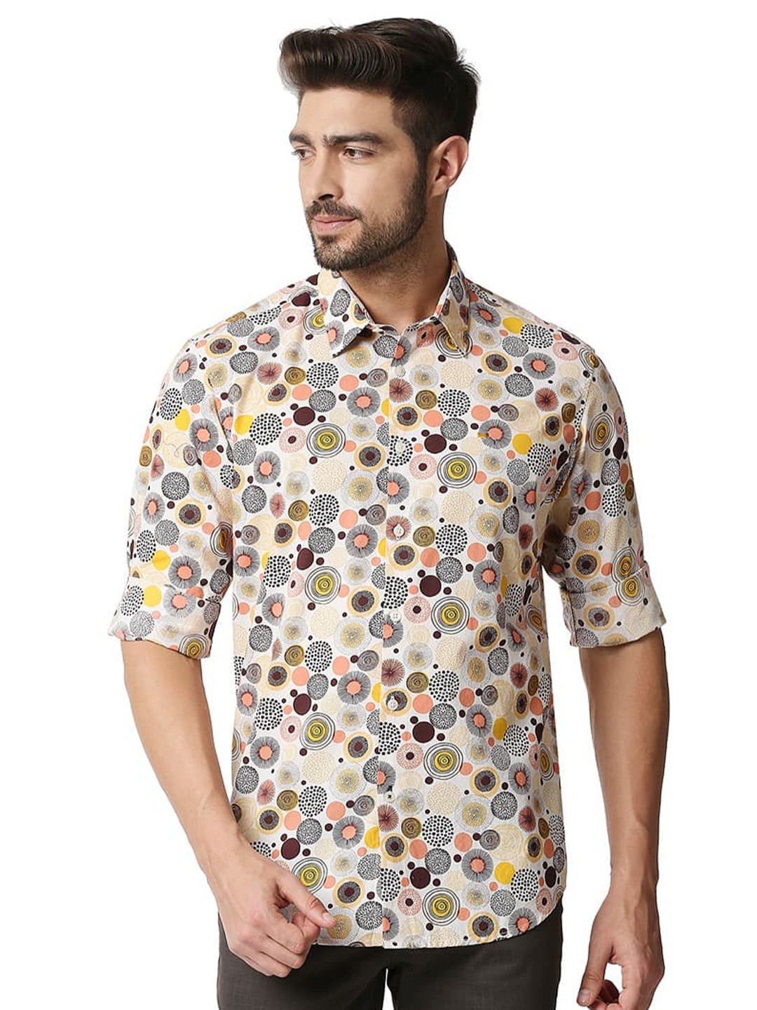 

Basics Slim Fit Floral Printed Spread Collar Cotton Casual Shirt, Orange