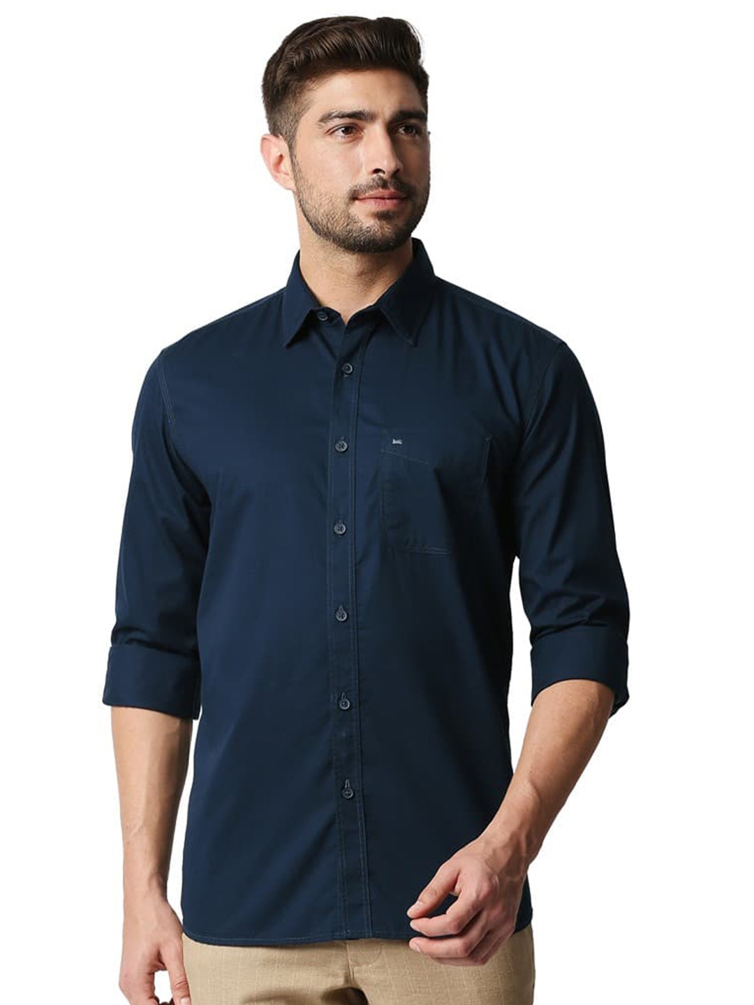 

Basics Spread Collar Slim Fit Opaque Cotton Casual Shirt, Blue