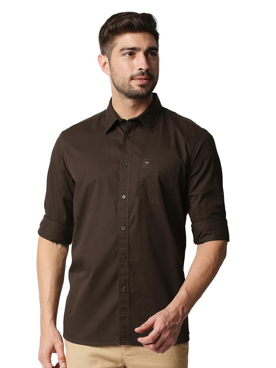 

Basics Spread Collar Slim Fit Opaque Casual Cotton Shirt, Brown