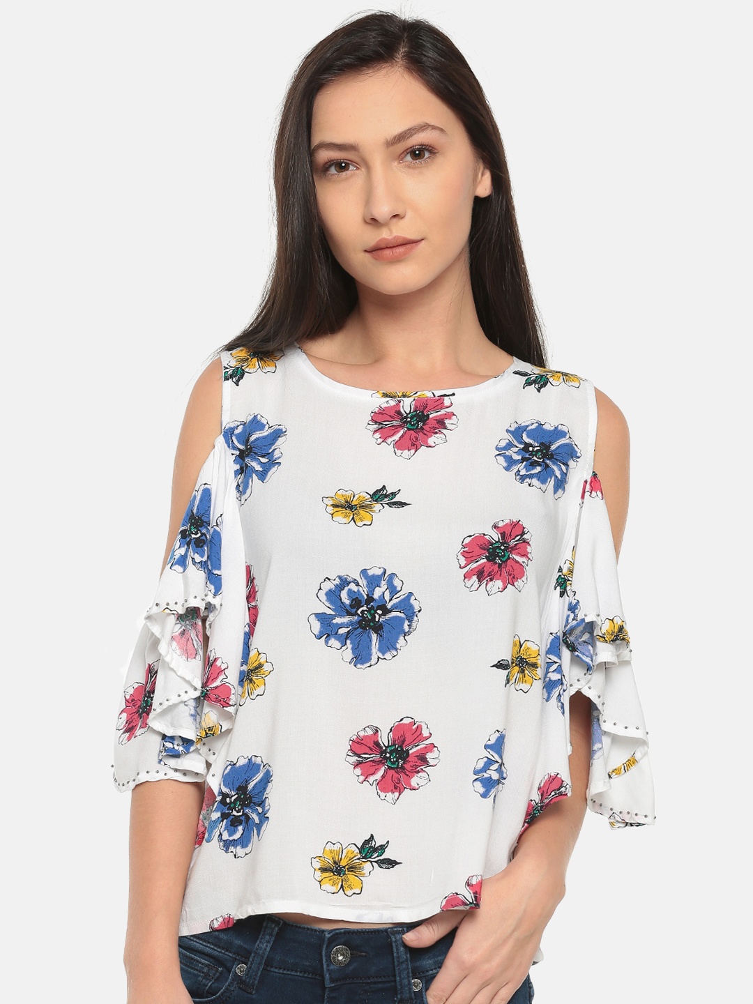 

Pepe Jeans Women White & Blue Floral Print Top