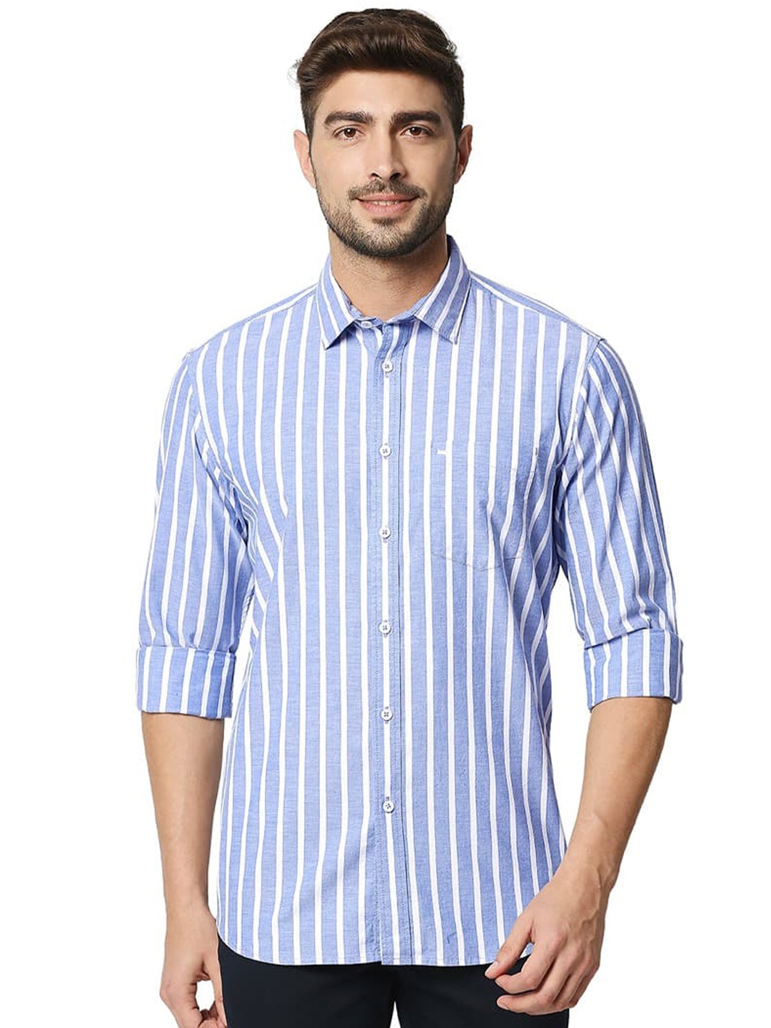 

Basics Striped Slim Fit Spread Collar Long Sleeves Casual Shirt, Blue
