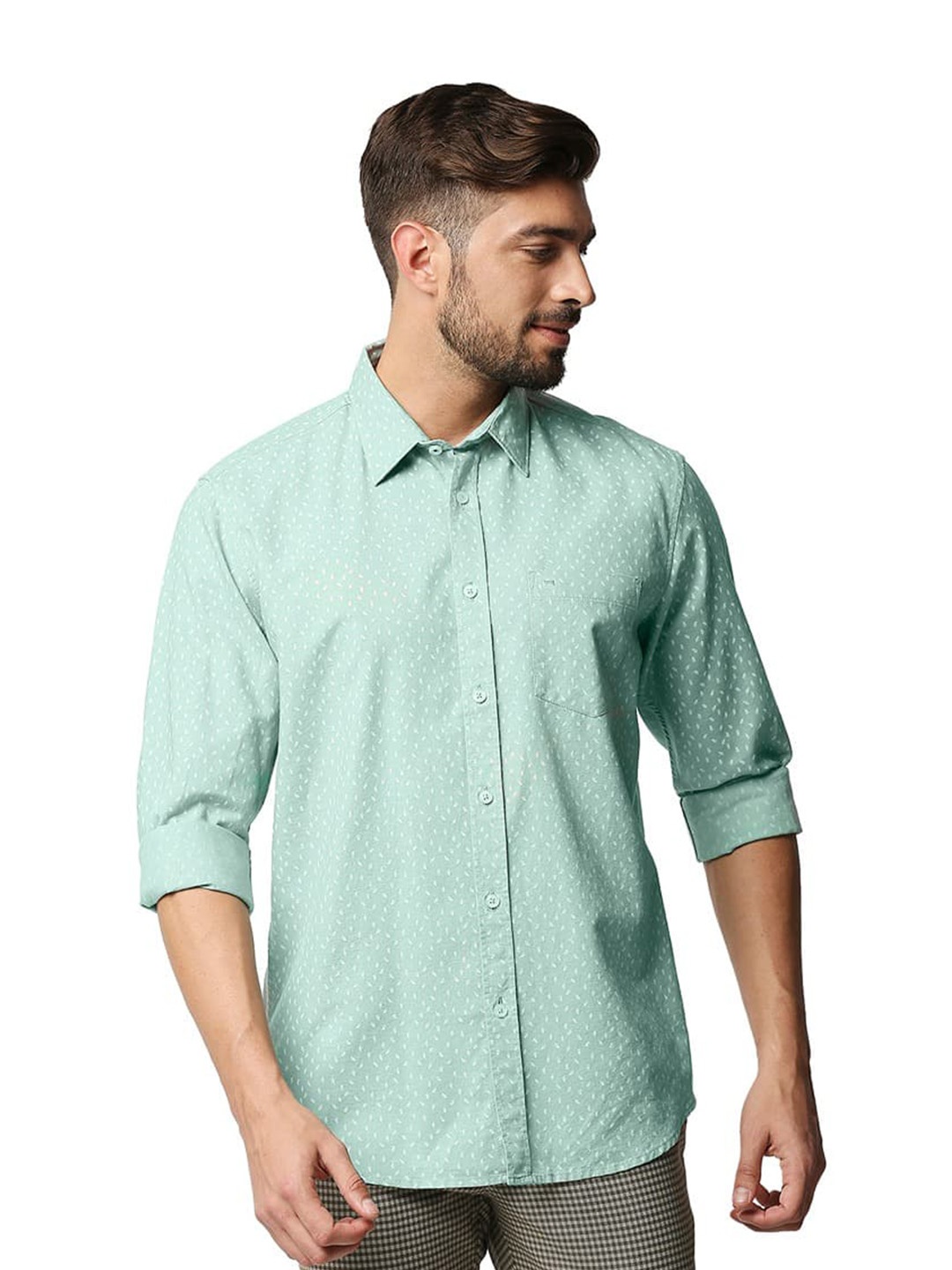 

Basics Slim Fit Micro Ditsy Printed Cotton Casual Shirt, Green
