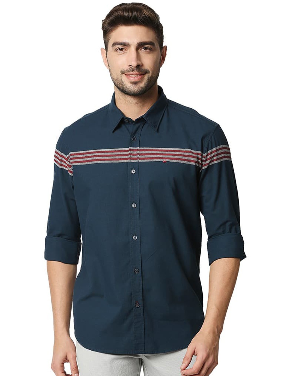

Basics Slim Fit Horizontal Stripes Opaque Striped Casual Shirt, Blue