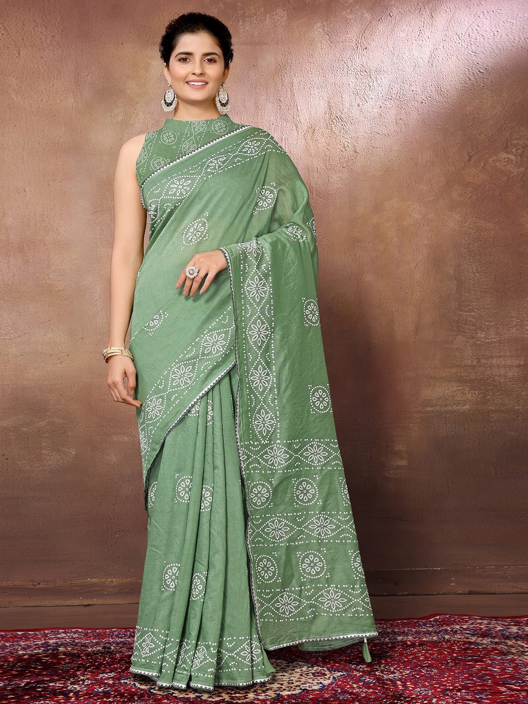 

FABMORA Ethnic Bandhani Printed Chanderi Saree, Lime green