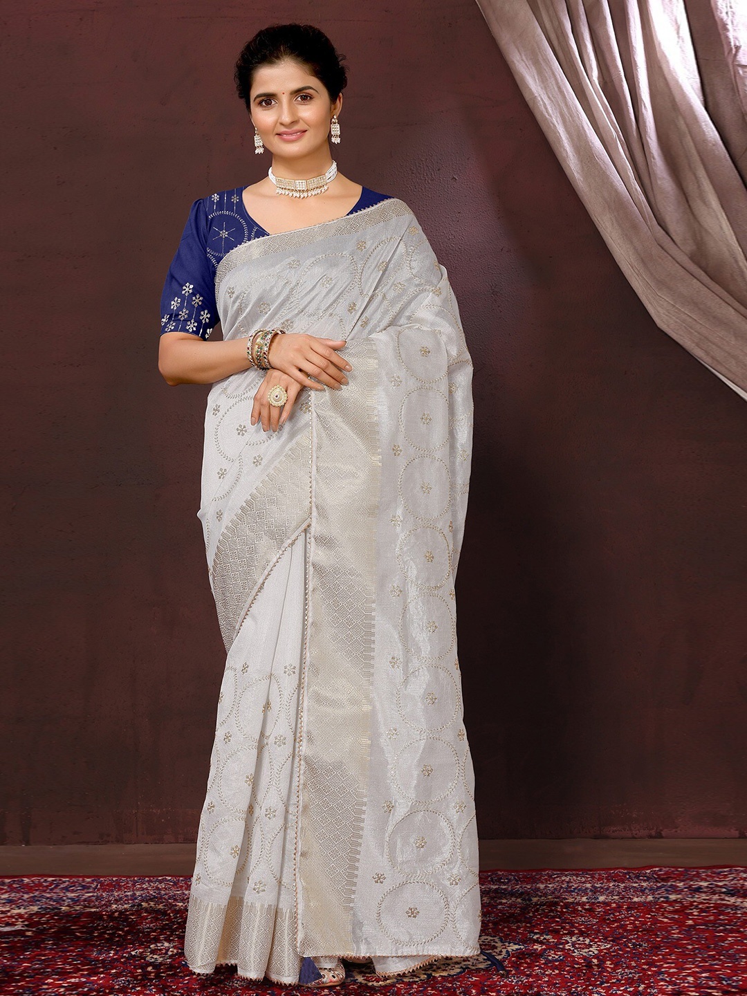 

FABMORA Ethnic Motifs Woven Design Silk Cotton Chanderi Zari Saree, Grey