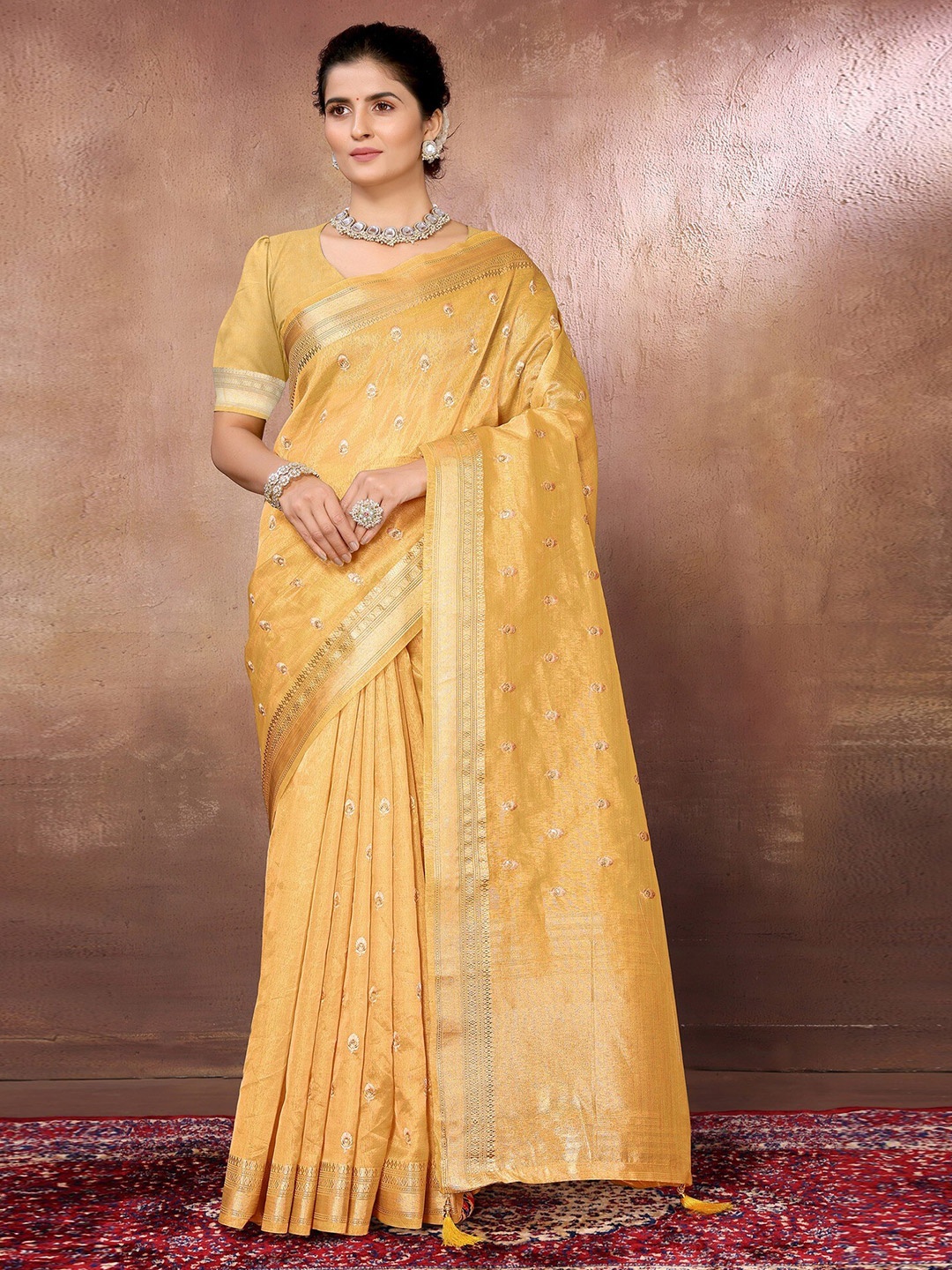 

FABMORA Ethnic Motifs Woven Design Silk Cotton Chanderi Zari Saree, Yellow