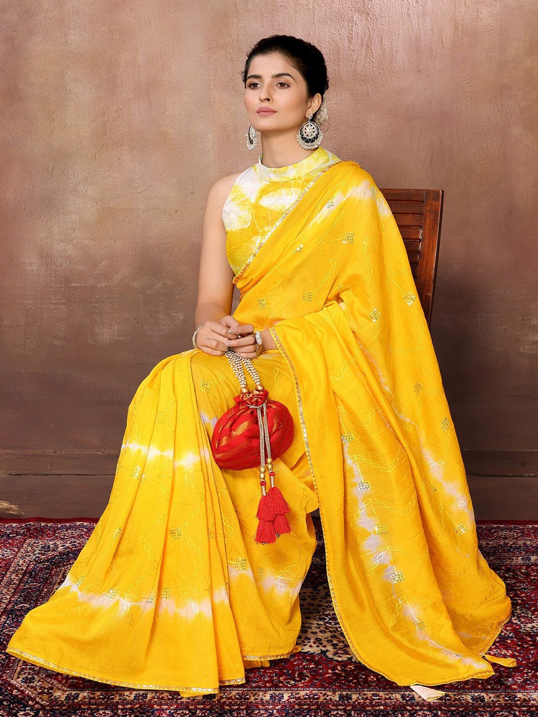 

FABMORA Tie and Dye Sequinned Worked Chanderi Saree, Yellow