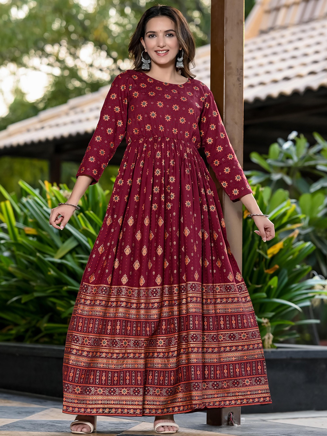 

Chandbaali Floral Printed Flared Hem Anarkali Kurta, Maroon