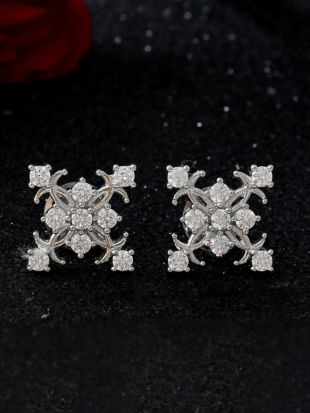 

Studio Voylla 925 Sterling Silver Rhodium-Plated Cubic Zirconia Studded Studs Earrings