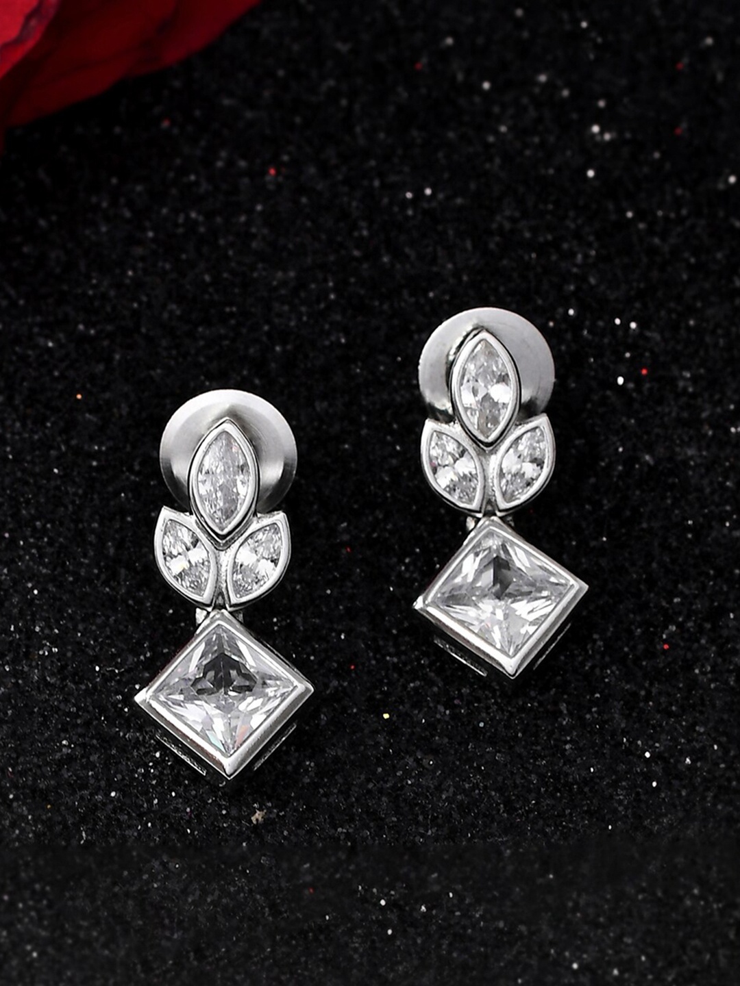 

Studio Voylla 925 Sterling Silver Rhodium-Plated Cubic Zirconia Studded Drop Earrings