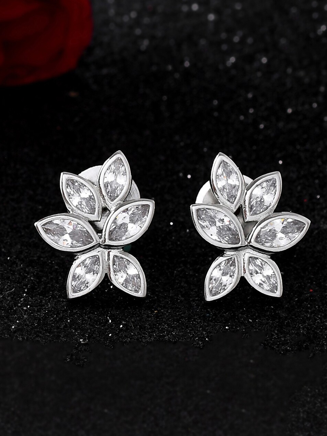 

Studio Voylla 925 Sterling Silver Rhodium-Plated Cubic Zirconia Studded Studs Earrings