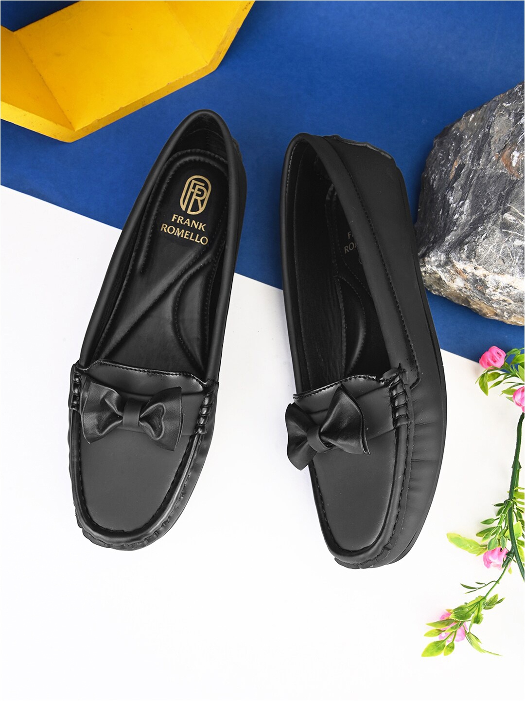 

FRANKROMELLO Round Toe Bow Loafers, Black