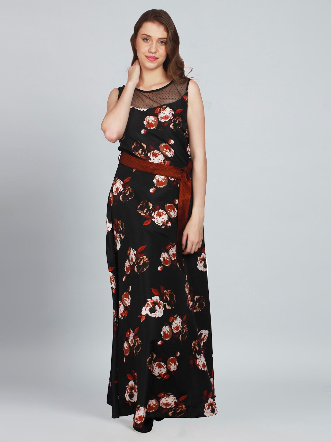 

urSense Floral Printed Sleeveless Maxi Dress, Black