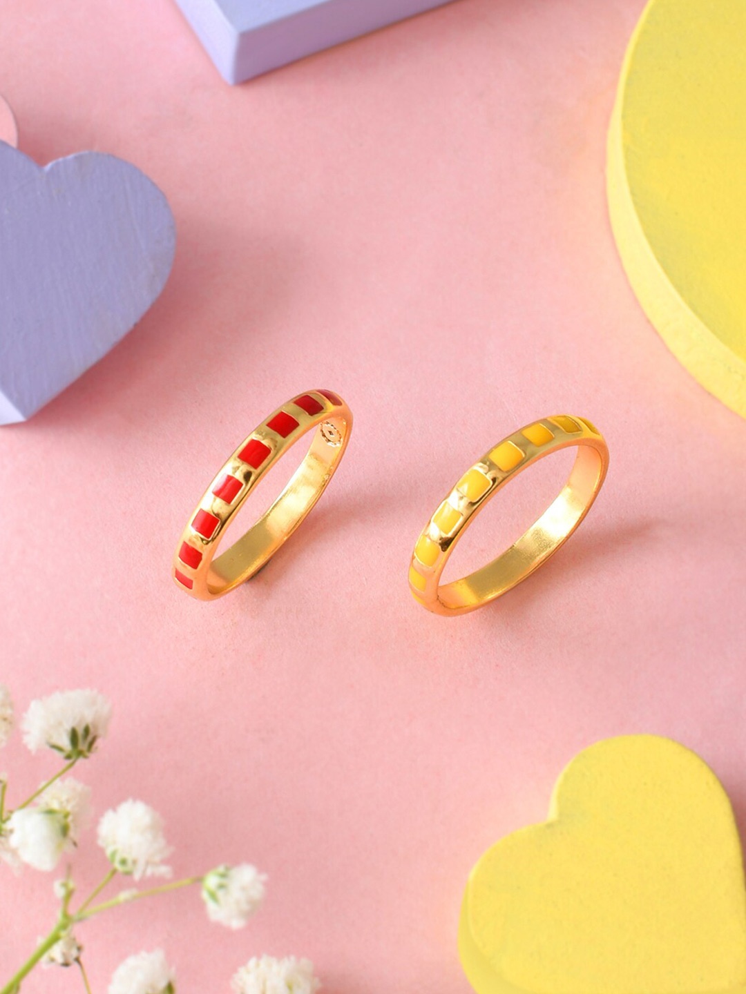 

Voylla Set Of 2 Gold-Plated Textured Check Enamel Stackable Finger Ring