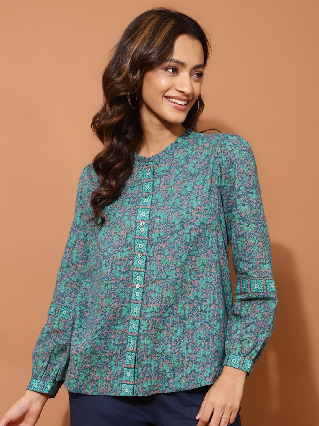 

Fabindia Ethnic Motifs Print Cotton Mandarin Collar Cotton Shirt Style Top, Green
