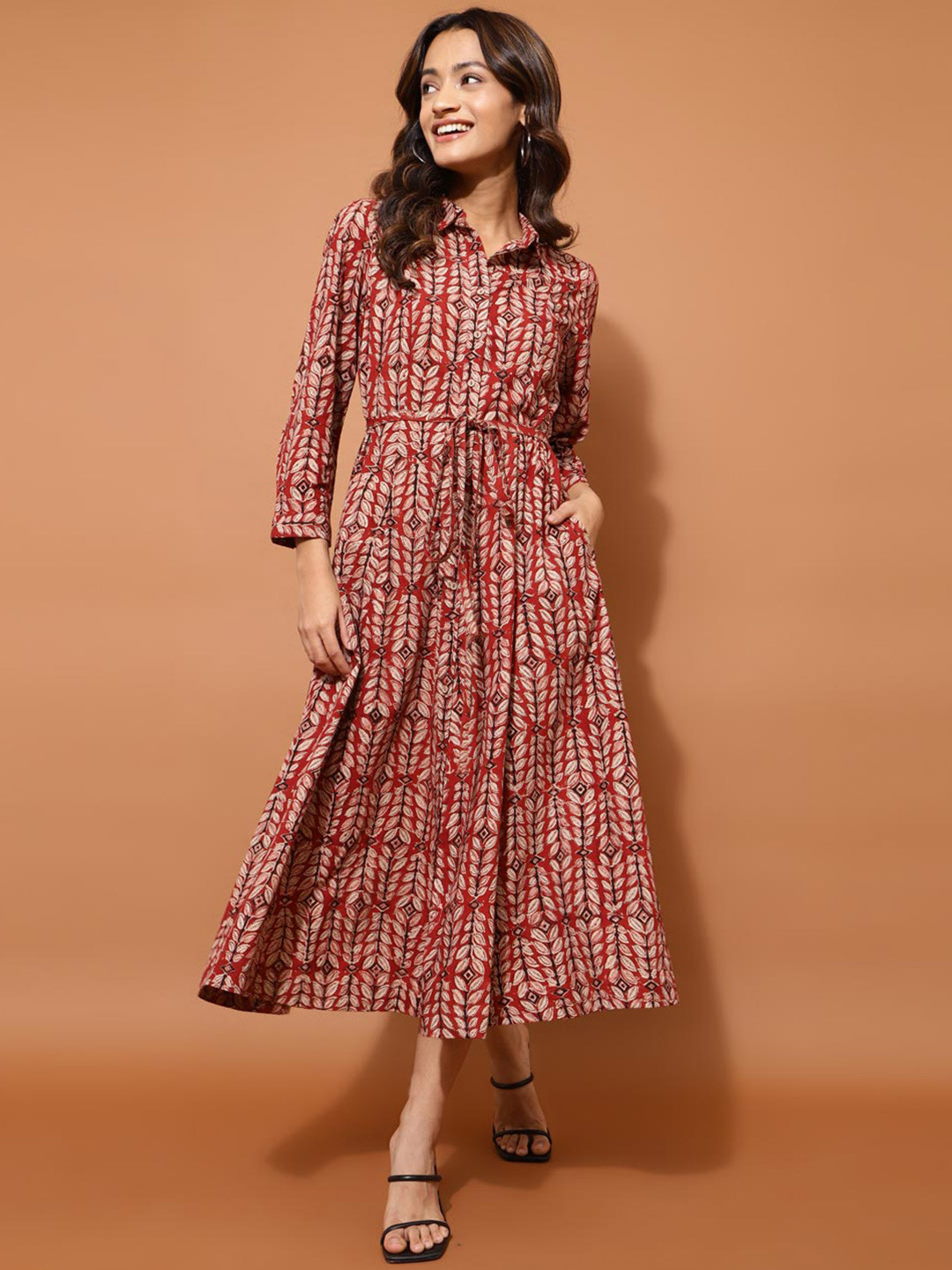 

Fabindia Print Shirt Collar Midi Dress, Red