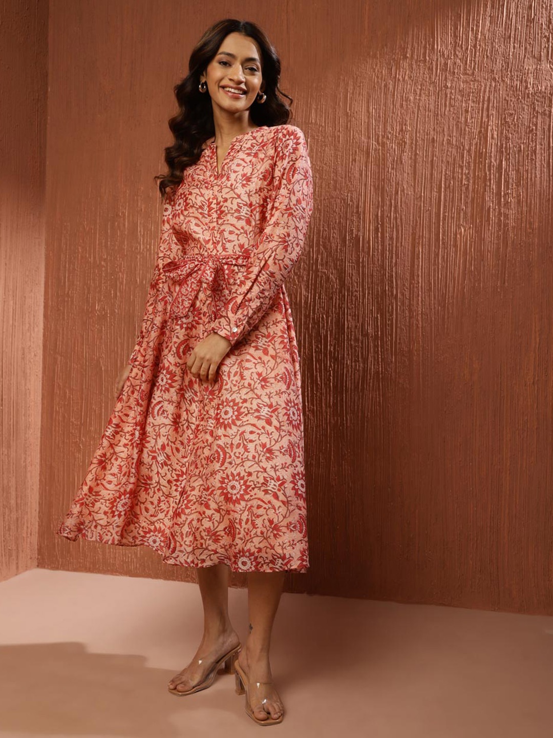 

Fabindia Ethnic Motifs Print Fit & Flare Cotton Midi Dress, Peach