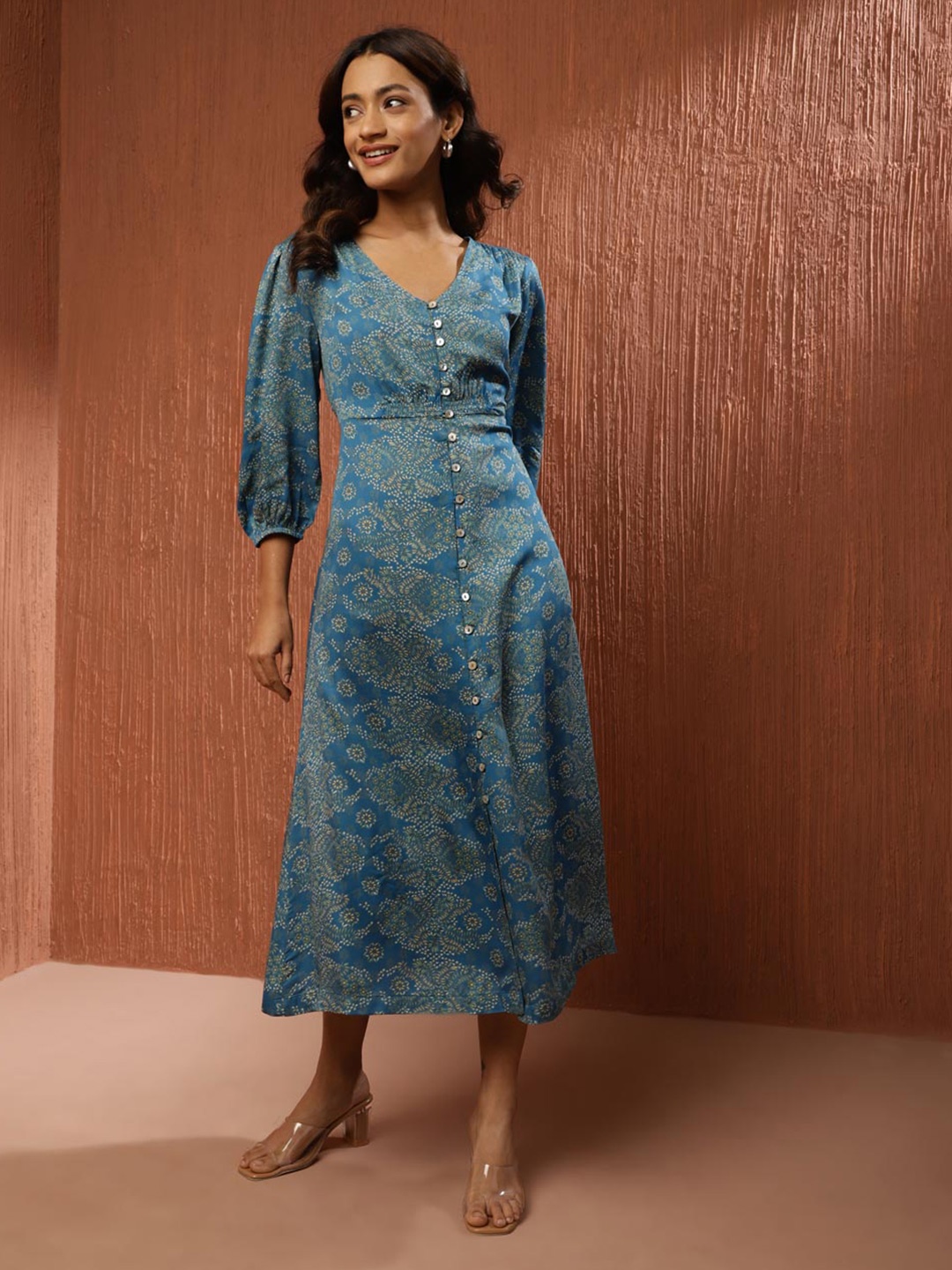 

Fabindia Ethnic Motifs Print V-Neck Dress, Blue