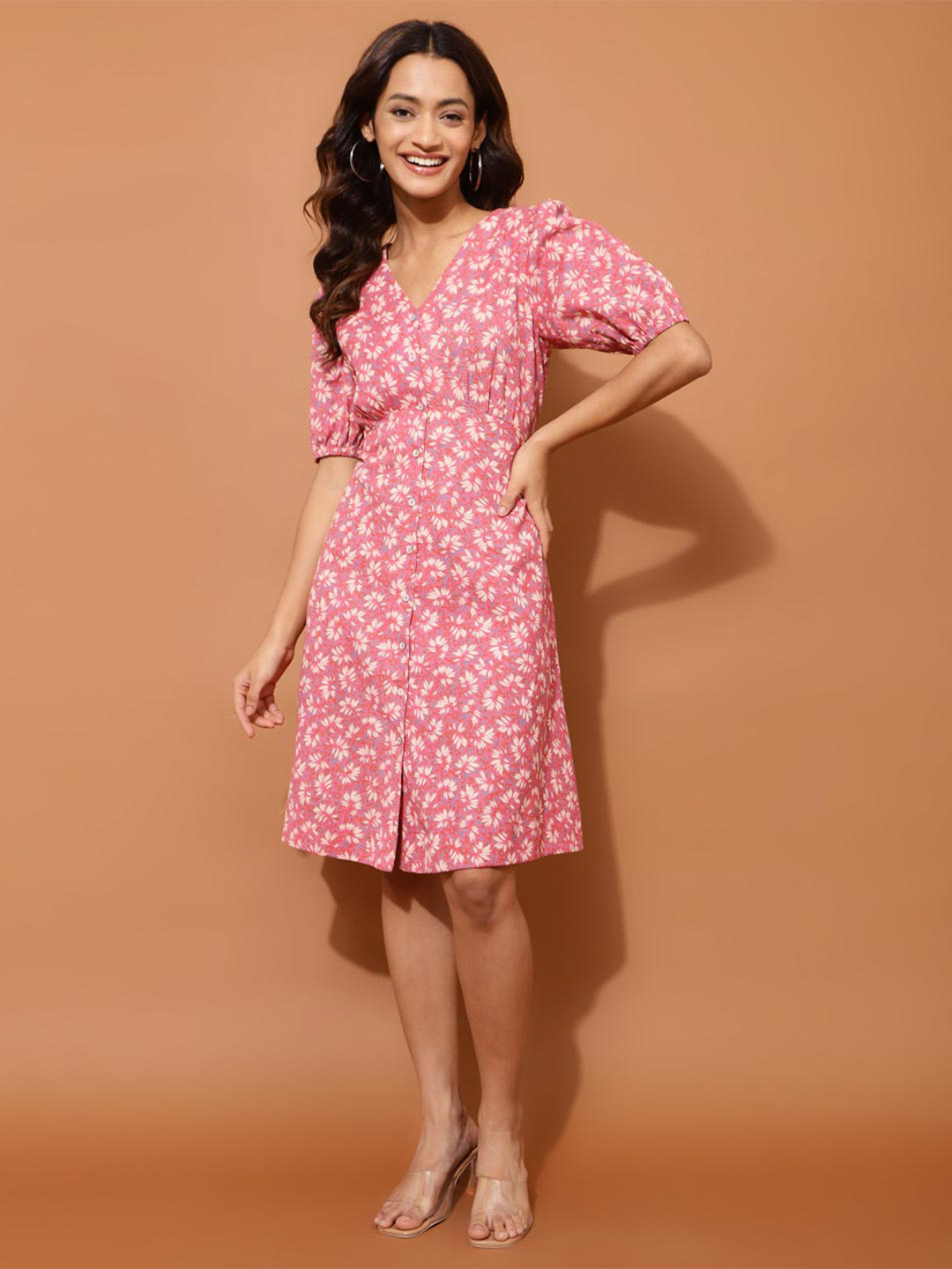 

Fabindia Floral Print V-Neck Cotton Midi Dress, Pink