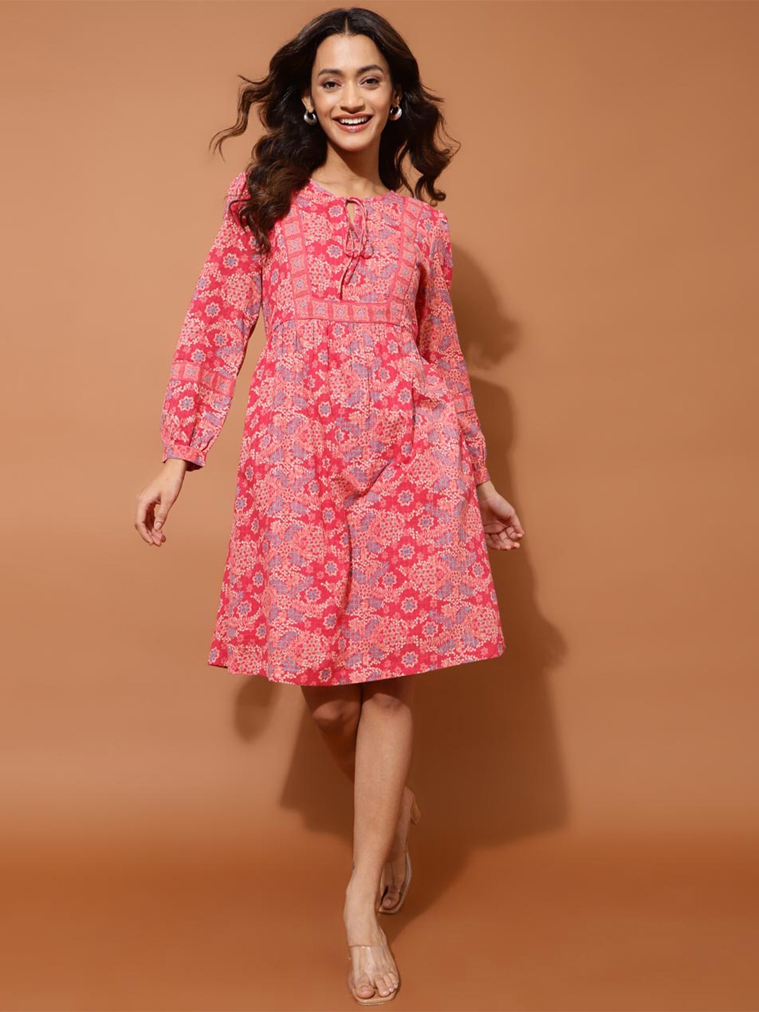 

Fabindia Floral Print Cotton Fit and Flare Dress, Pink