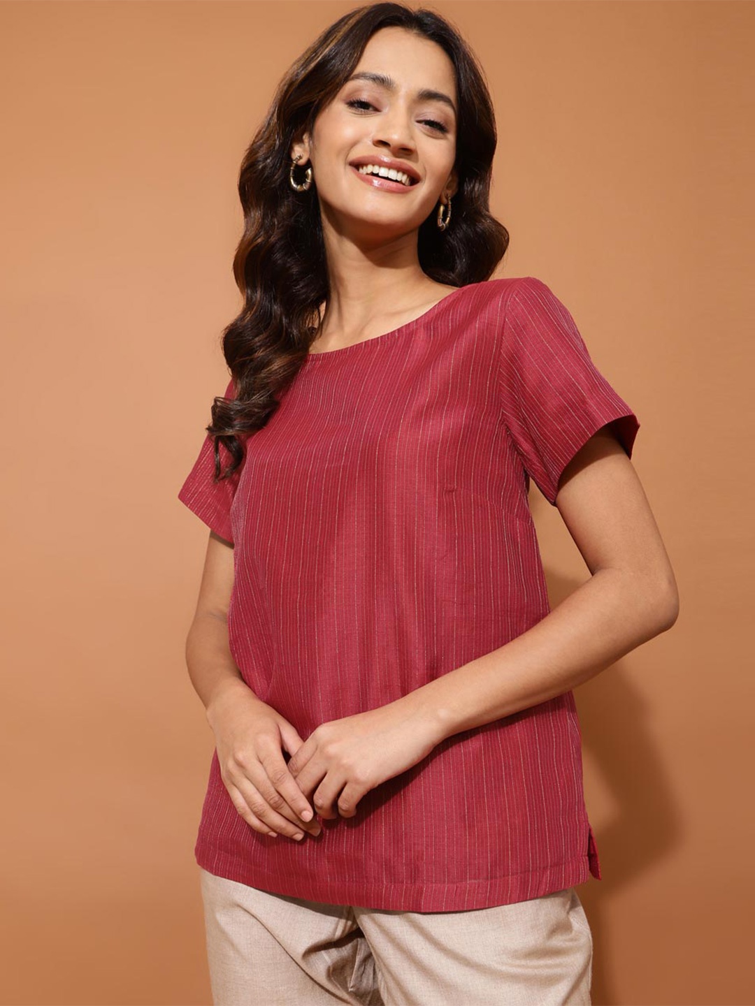 

Fabindia Round Neck Opaque Casual Top, Red