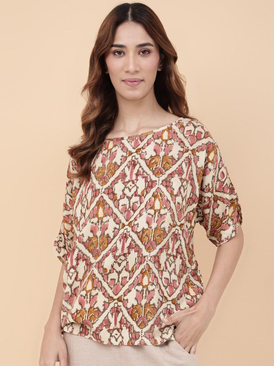 

Fabindia Boat Neck Printed Opaque Casual Top, Green