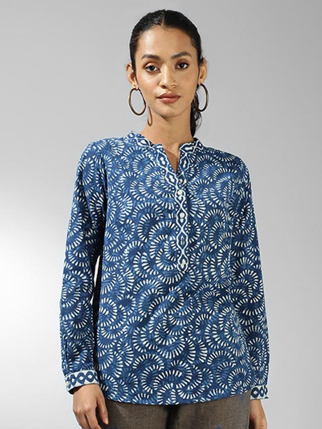 

Fabindia Mandarin Collar Ethnic Printed Cotton Tunic, Blue