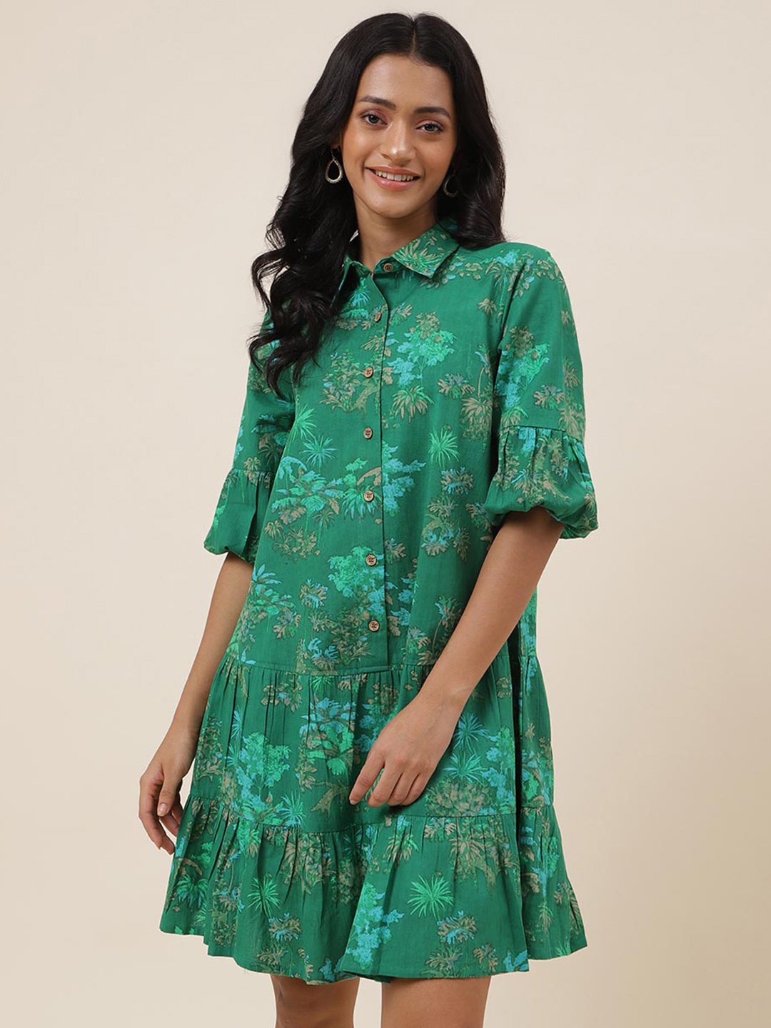 

Fabindia Floral Print Bell Sleeve A-Line Dress, Green
