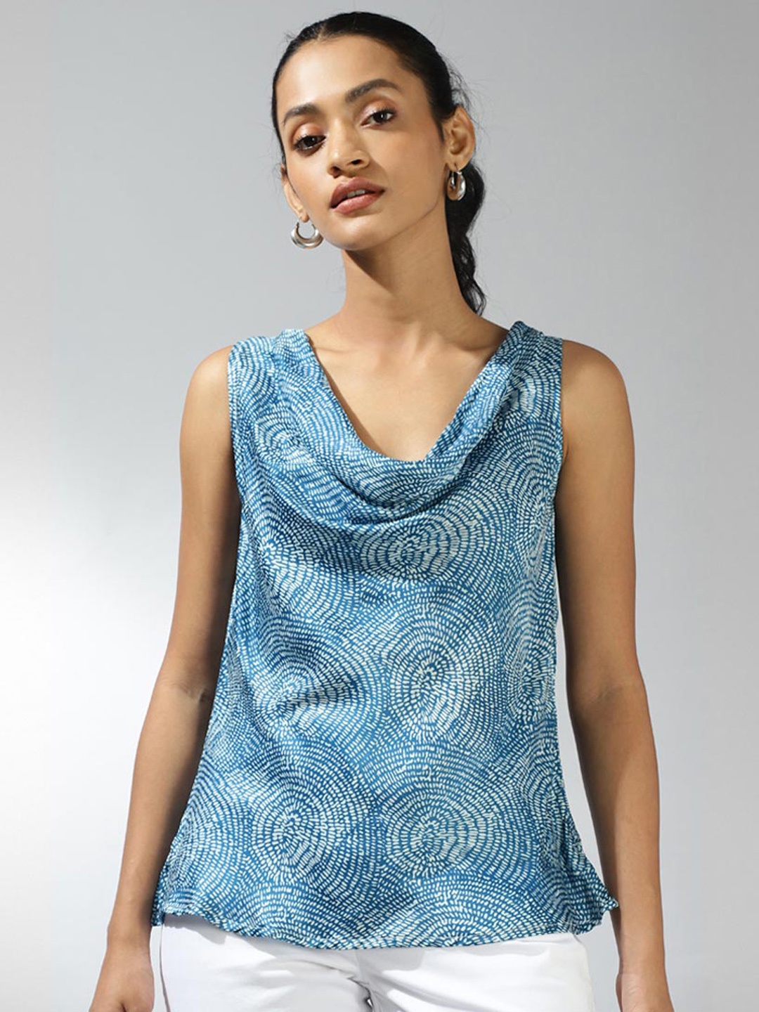 

Fabindia Sleeveless Abstract Printed Opaque Party Top, Blue