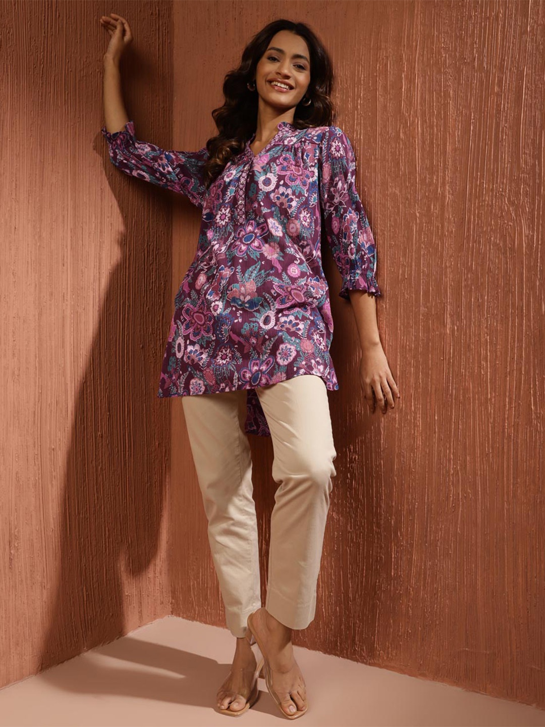 

Fabindia Floral Printed Mandarin Collar Cotton Tunic, Purple