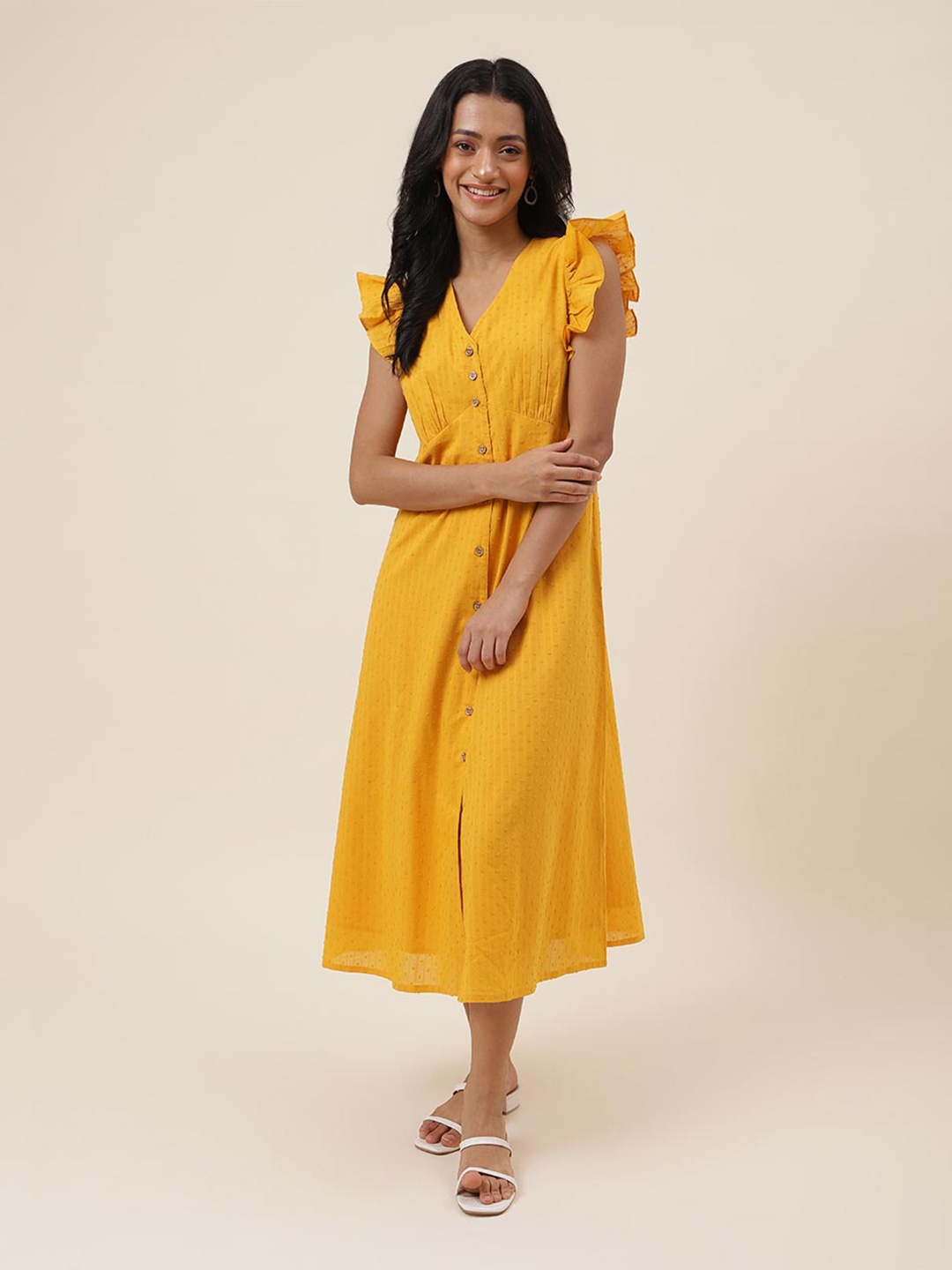 

Fabindia Ethnic Motifs Print A-Line Cotton Midi Dress, Mustard