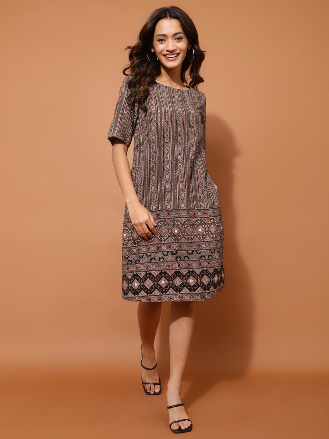

Fabindia Print Cotton A-Line Dress, Brown