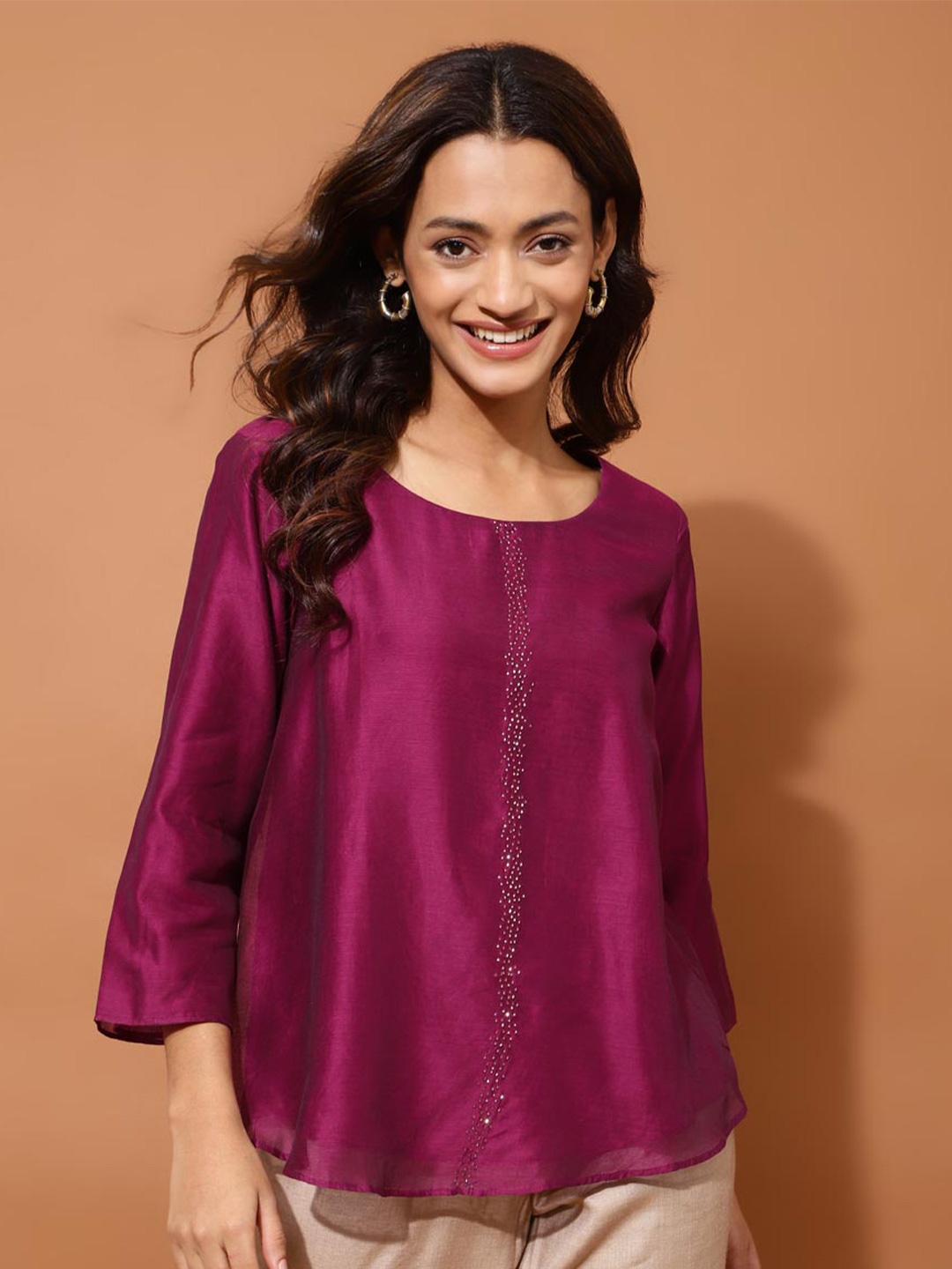 

Fabindia Sequined Round Neck Regular Sleeves Party Top, White