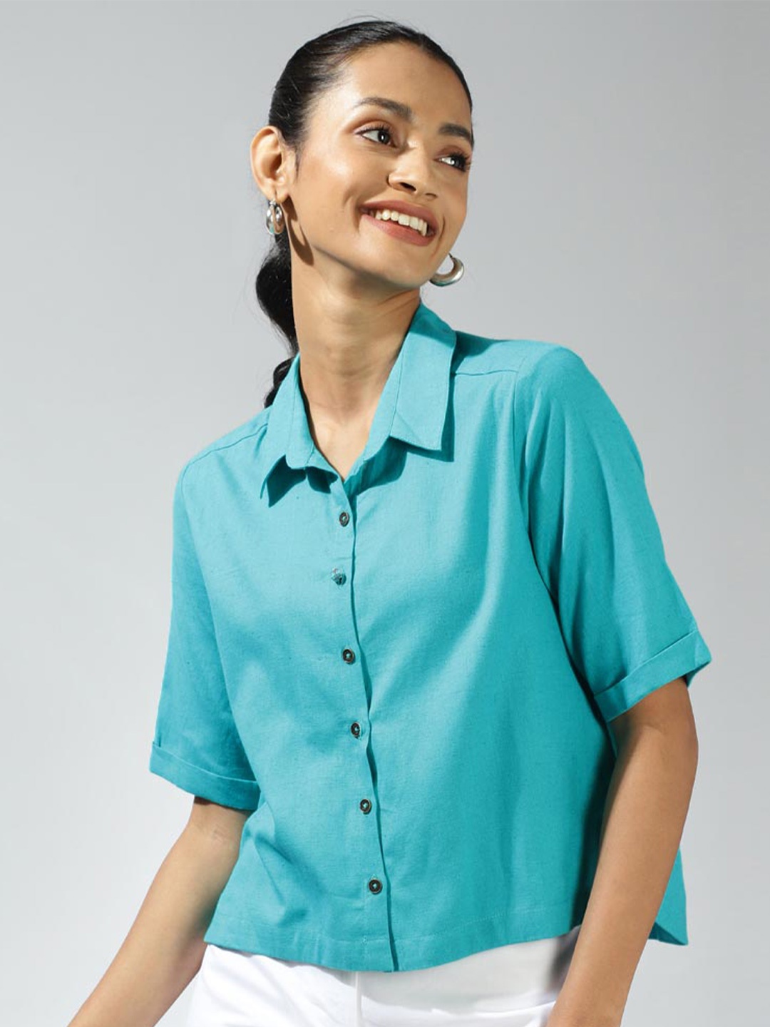 

Fabindia Spread Collar Opaque Cotton Casual Shirt, Turquoise blue