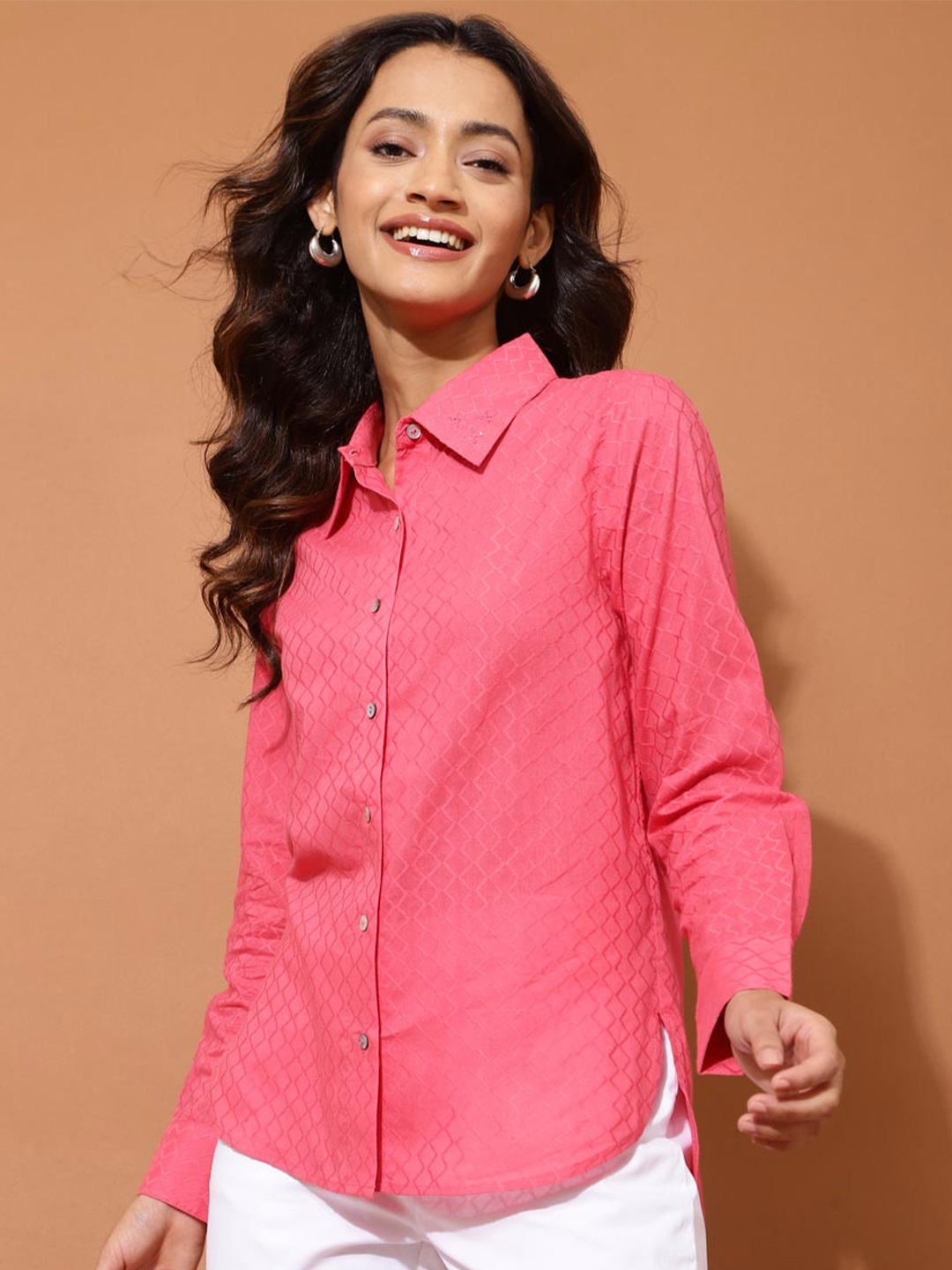 

Fabindia Spread Collar Opaque Printed Cotton Casual Shirt, Pink