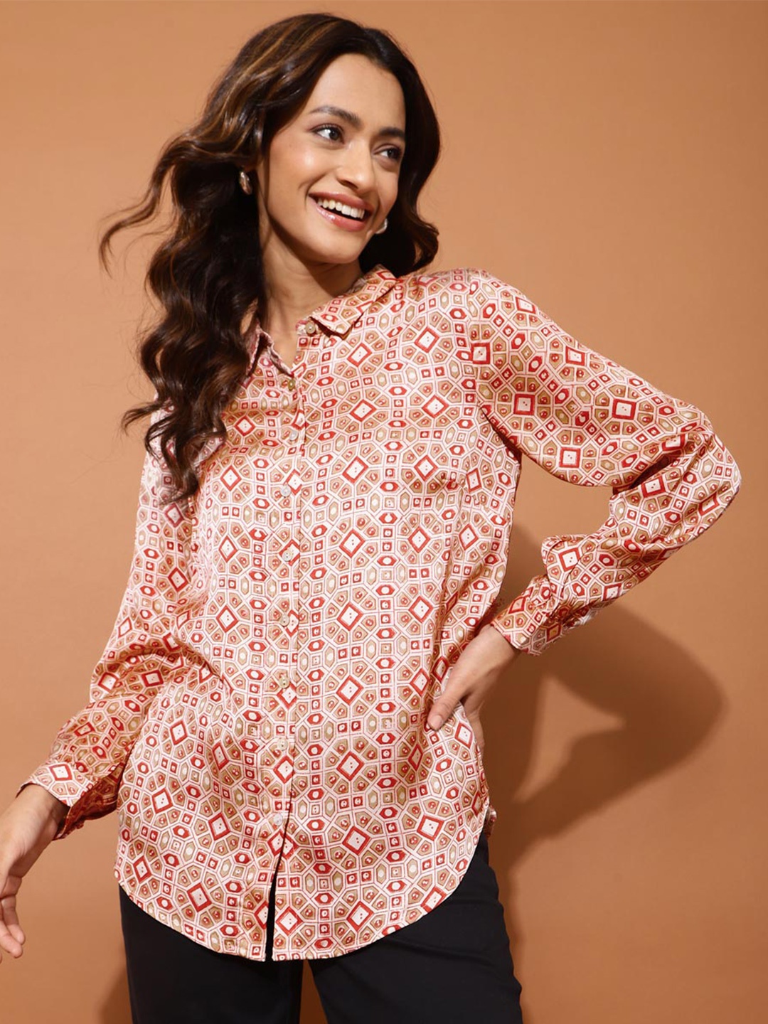 

Fabindia Printed Spread Collar Shirt, Beige