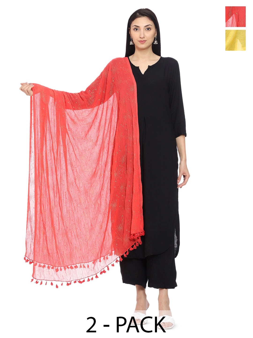 

Tulip Eden Pack Of 2 Ethnic Foil Printed Dupatta, Coral