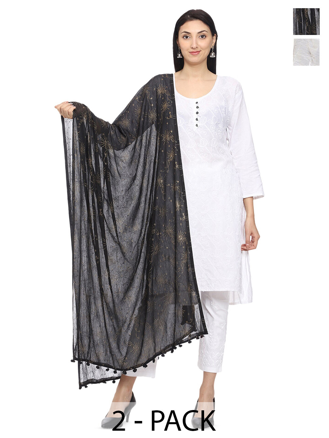 

Tulip Eden Pack Of 2 Floral Printed Foil Print Dupattas, Black