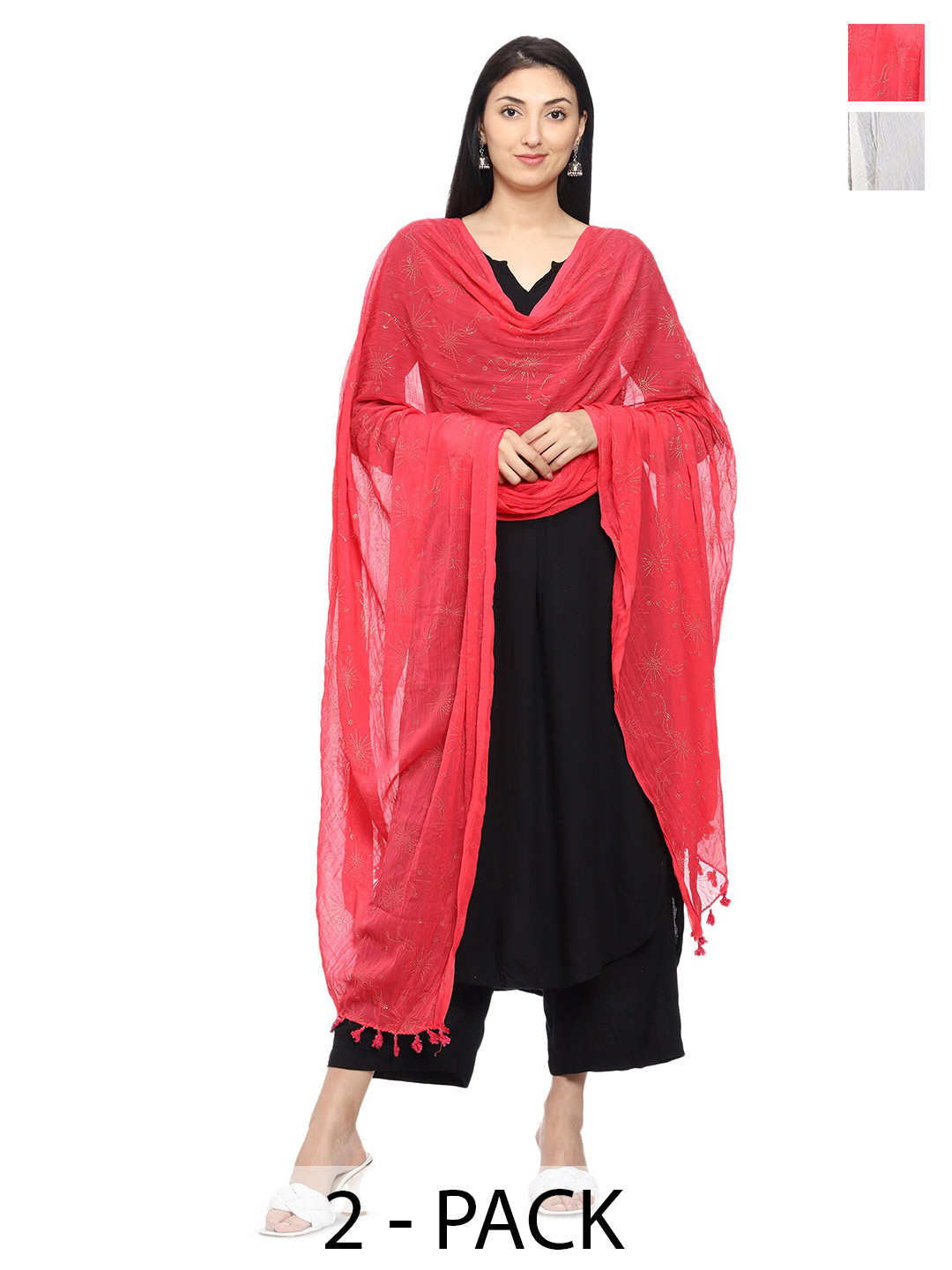 

Tulip Eden Pack Of 2 Ethnic Motifs Foil Printed Dupatta, Off white
