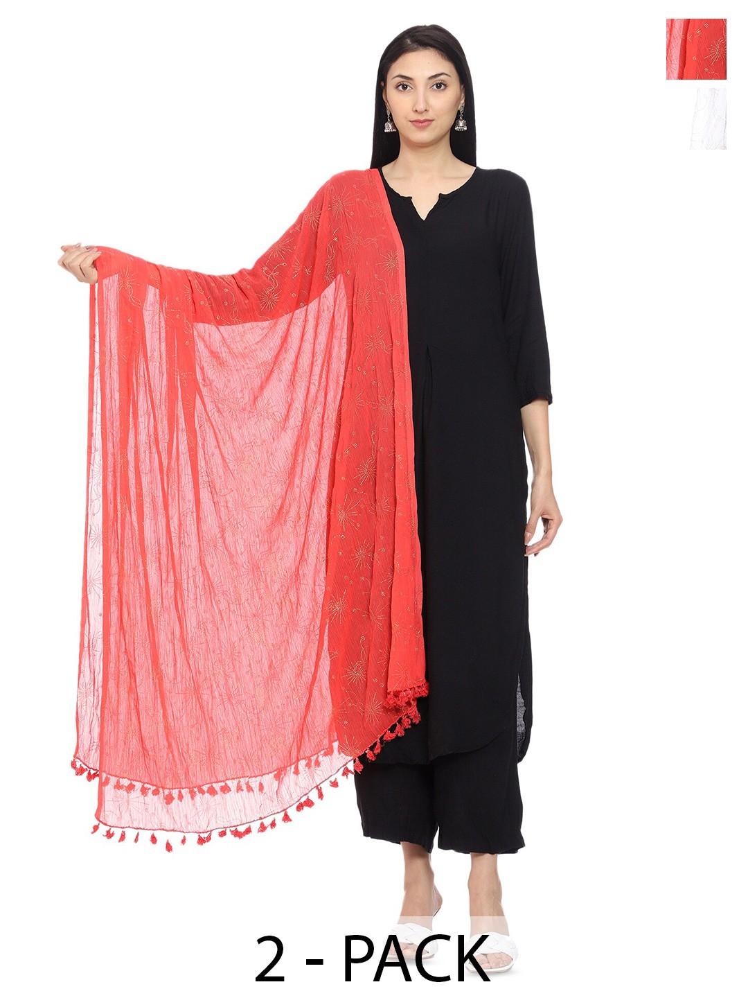 

Tulip Eden Pack Of 2 Floral Printed Phulkari Work Foil Print Dupattas, Coral