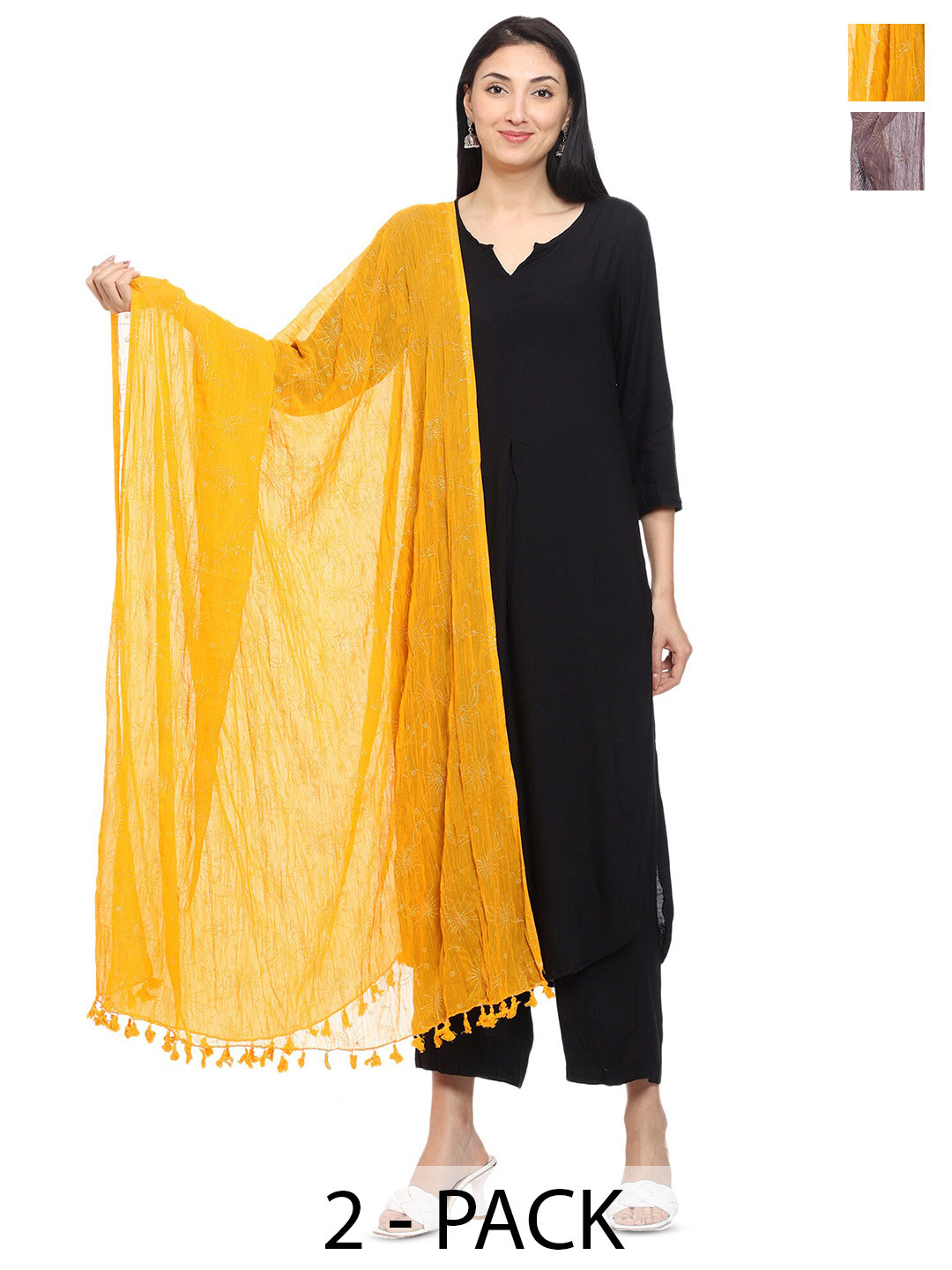 

Tulip Eden Pack Of 2 Floral Printed Phulkari Work Foil Print Dupattas, Charcoal