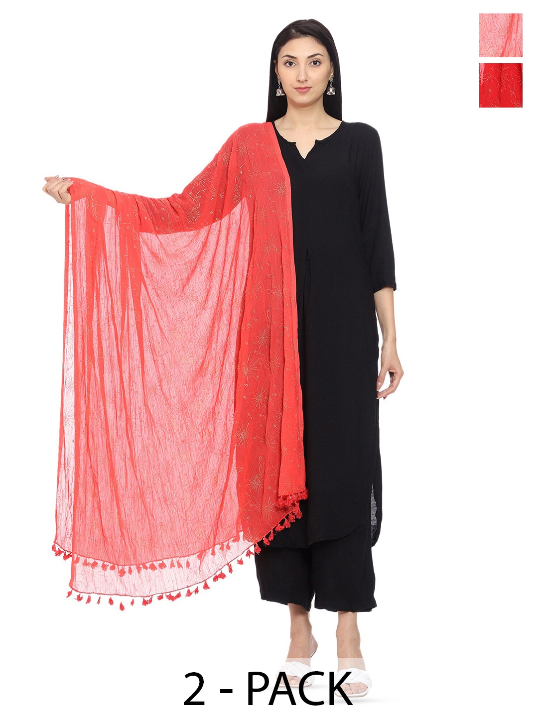

Tulip Eden Pack Of 2 Floral Printed Phulkari Work Foil Print Dupattas, Coral