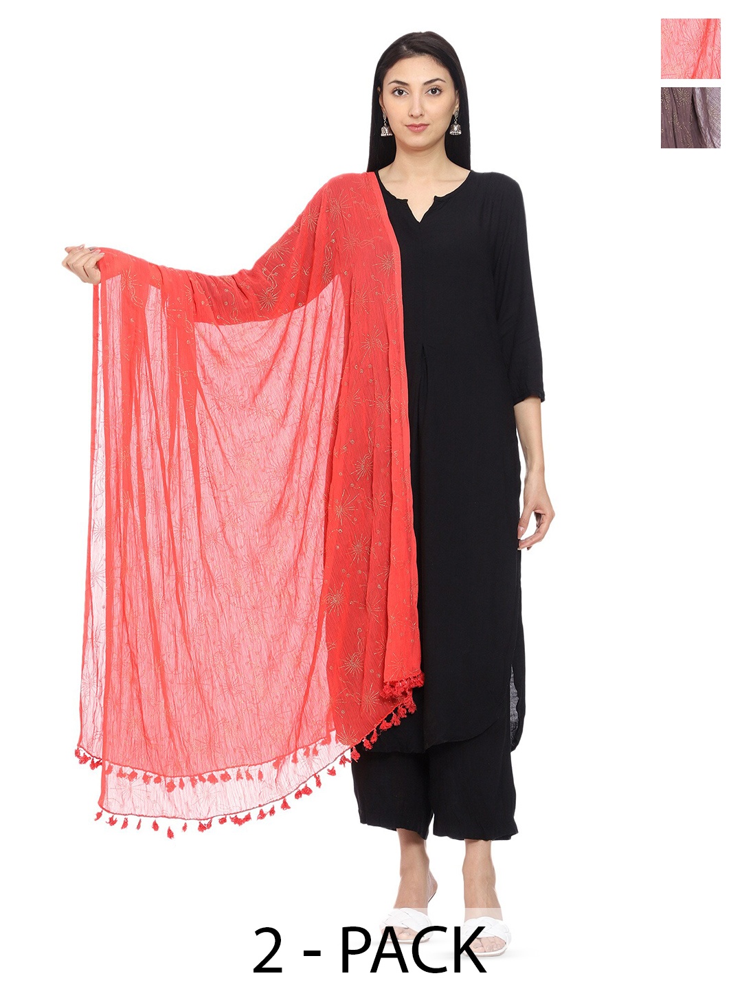 

Tulip Eden Pack Of 2 Ethnic Foil Printed Dupatta, Coral