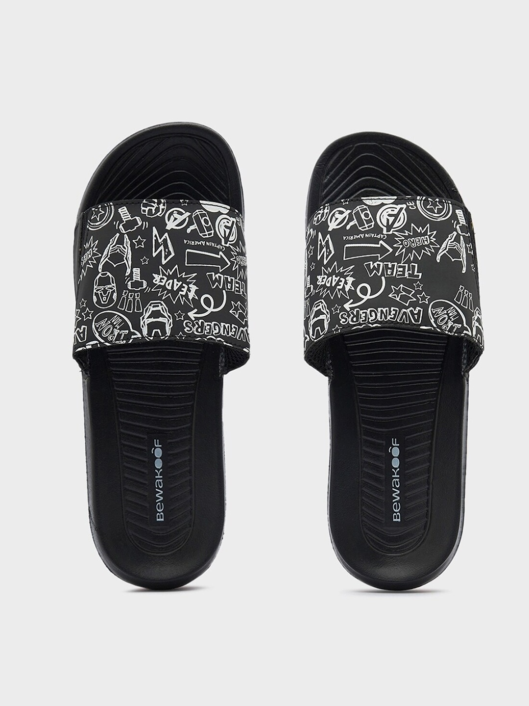 

Bewakoof Men Marvel Doodle Printed Rubber Sliders, Black