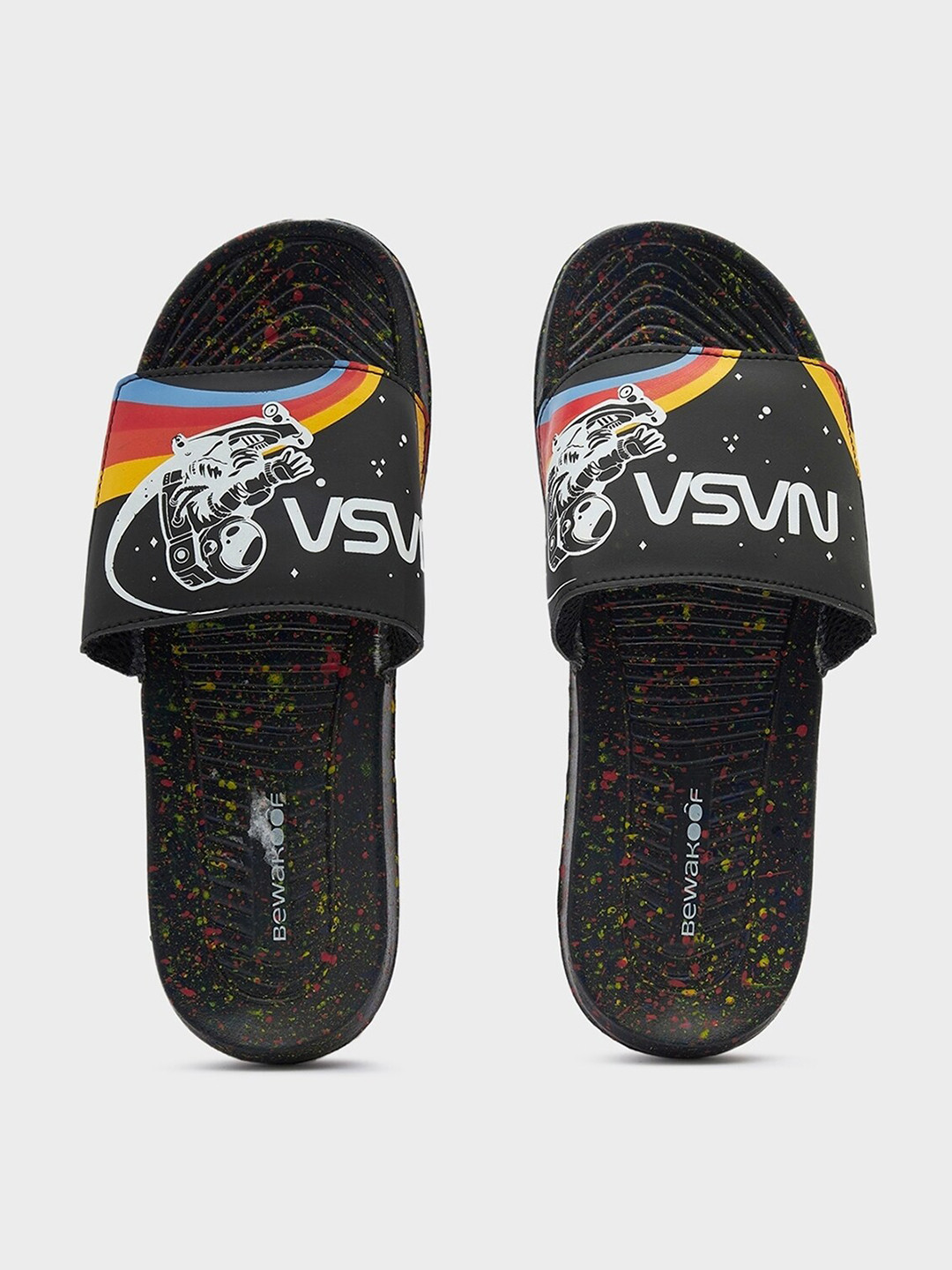 

Bewakoof Men Space Skating Printed Rubber Sliders, Black
