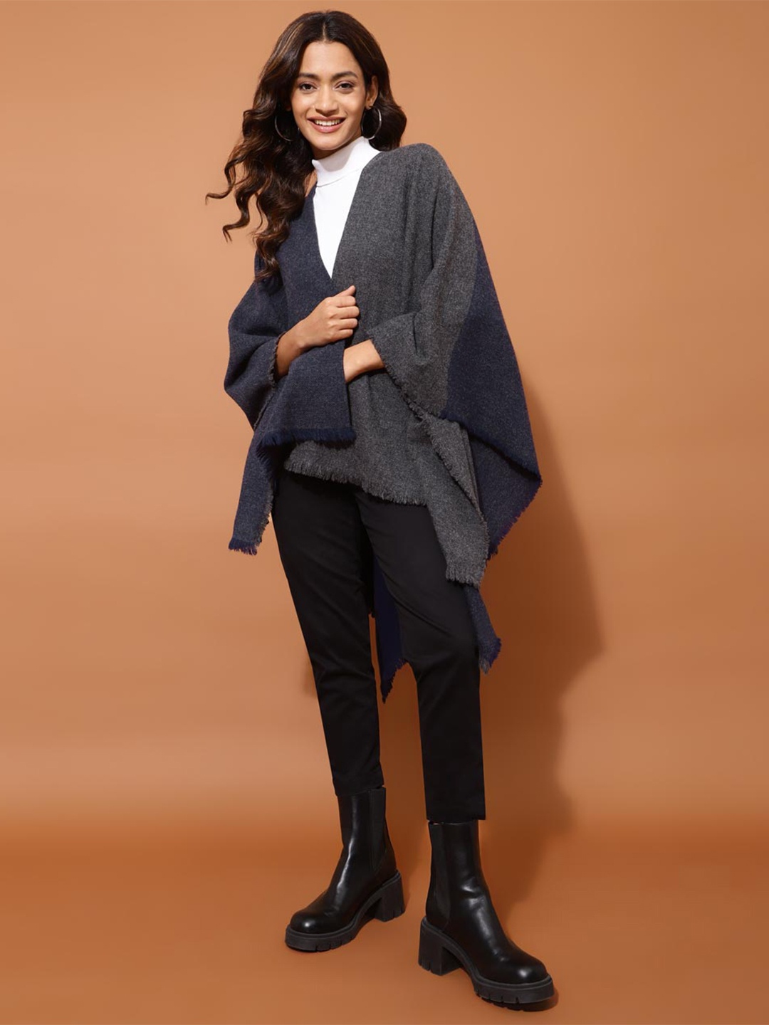 

Fabindia Colourblocked Woollen Longline Poncho, Navy blue