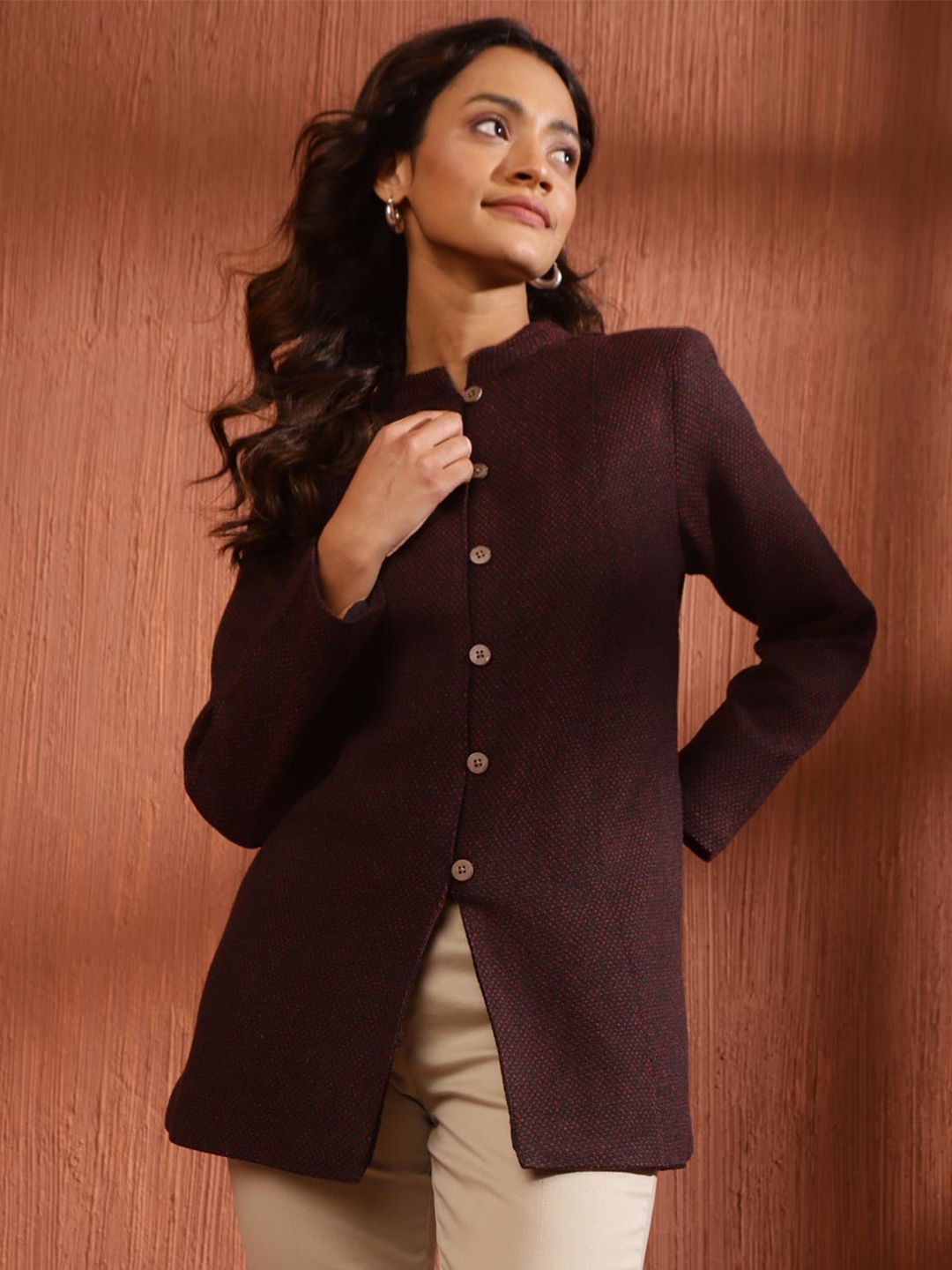 

Fabindia Textured Mandarin Collar Woollen Longline Tailored Jacket, Maroon